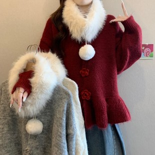 大码 开衫 胖MM秋冬新款 荷叶边下摆过年红毛领长袖 毛衣 法式 实拍