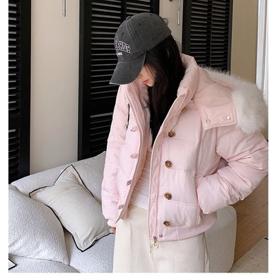 小个子短款羽绒棉服修身毛领棉袄外套冬季新款加厚女款藏青色棉衣