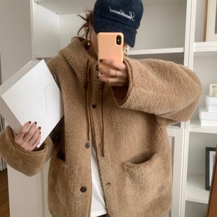 已出货尺码 韩系抽绳学院风连帽皮毛一体外套 更新韩国chic秋冬新款