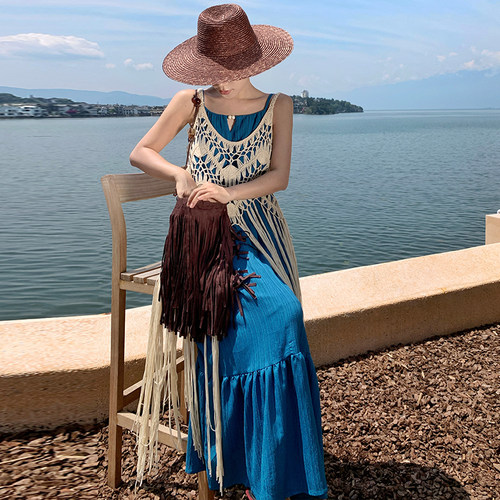 实拍度假风流苏设计感跌穿镂空罩衫吊带连衣裙夏季时尚两件套