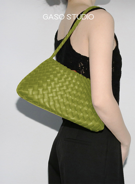 GASO法式复古手工编织包单肩腋下包高级感菜篮子包子母包绿色包包