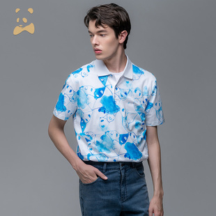 男蓝色印花保罗衫 合欢熊猫 CANUDILO 卡奴迪路纯棉翻领POLO衫