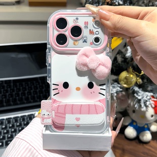 蝴蝶结雪人Kitty适用苹果17pro泡芙羽纱手机壳iphone16可爱oppo小米17卡通vivo红米k80保护套防摔华为mate70