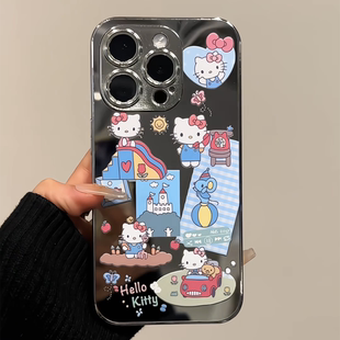荣耀新款 假日ktitty贴纸适用于苹果16promax电镀镜面手机壳iPhone15可爱小众14保护套华为 潮流13创意ins风