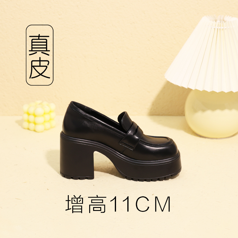 内增高单鞋粗跟高跟乐福鞋cos增高鞋矮子乐黑色小皮鞋超厚底女鞋