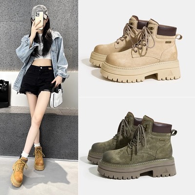 内增高马丁靴女2025春秋新款户外登山大黄靴爆款工装靴厚底短靴子