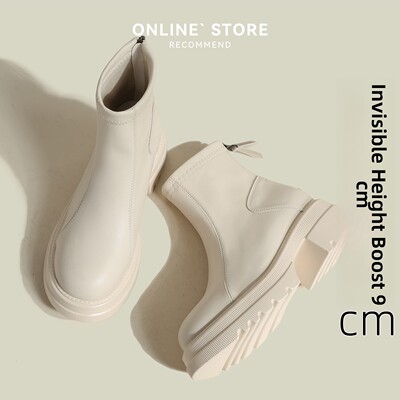 真皮白色英伦风马丁靴女2025新款小个子内增高瘦瘦靴厚底爆款短靴