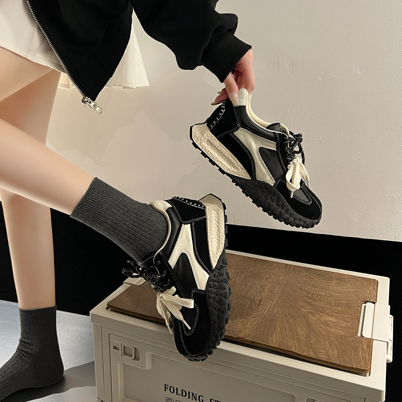 真皮复古厚底7CM内增高德训鞋女小众黑色阿甘鞋运动休闲老爹鞋子