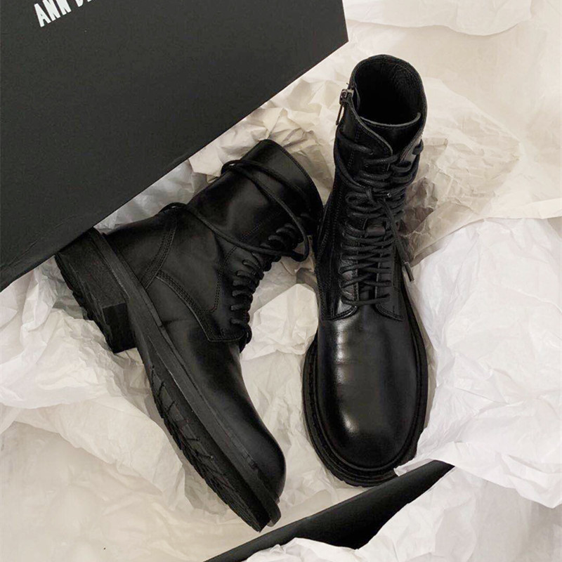 2025新款英伦风ANN厚底马丁靴女秋季系带真皮显瘦女短靴中筒靴子