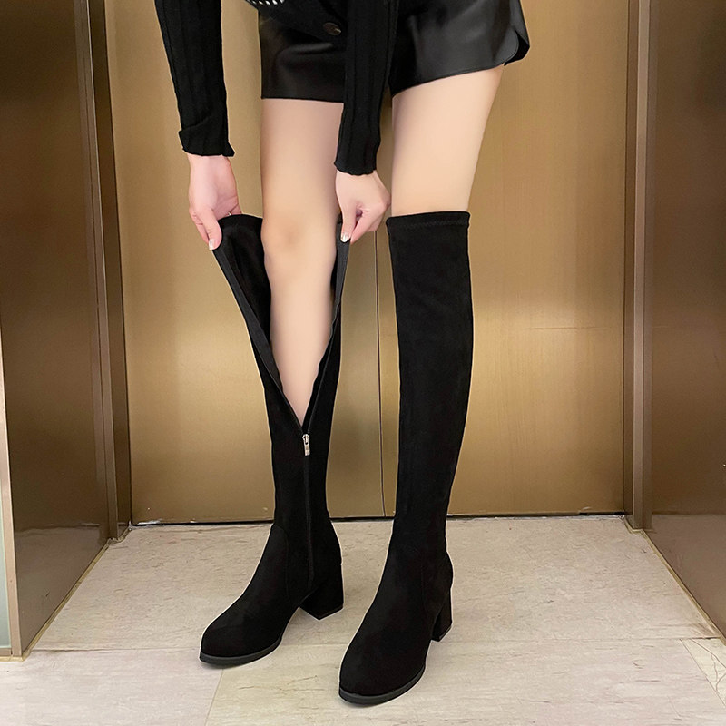 拉链新款高跟鞋高筒n靴显瘦长筒靴子女冬加绒过膝弹力长靴粗腿女