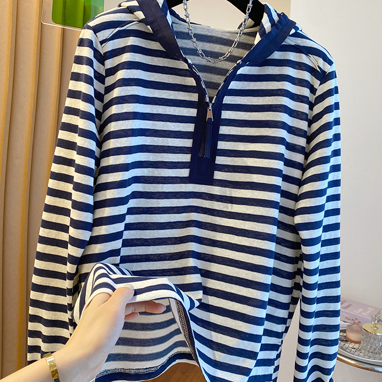 特大码300斤连帽条纹t恤女长袖2025新款卫衣