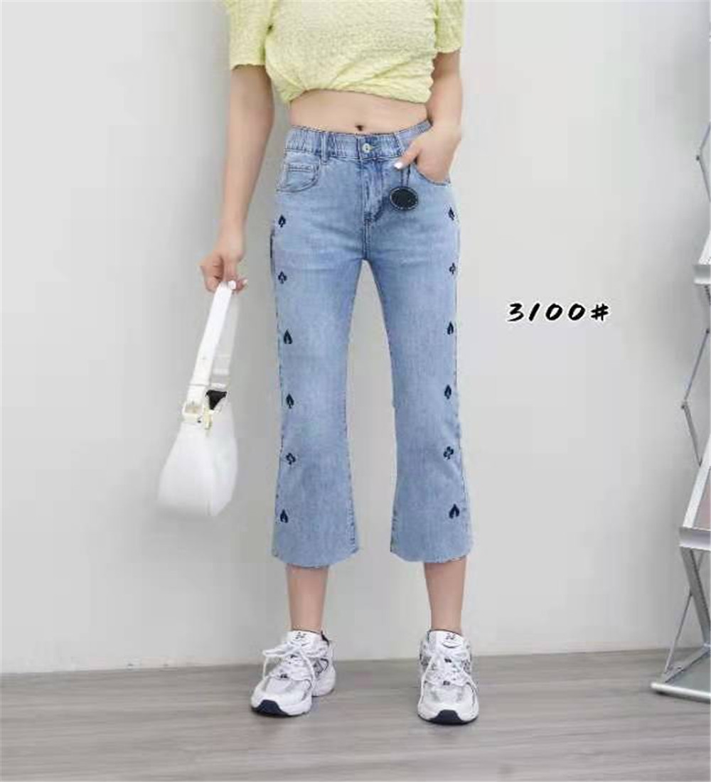 尼迪3100大码弹力牛仔裤刺绣桃心烟管裤微喇叭七分裤薄料2021新款