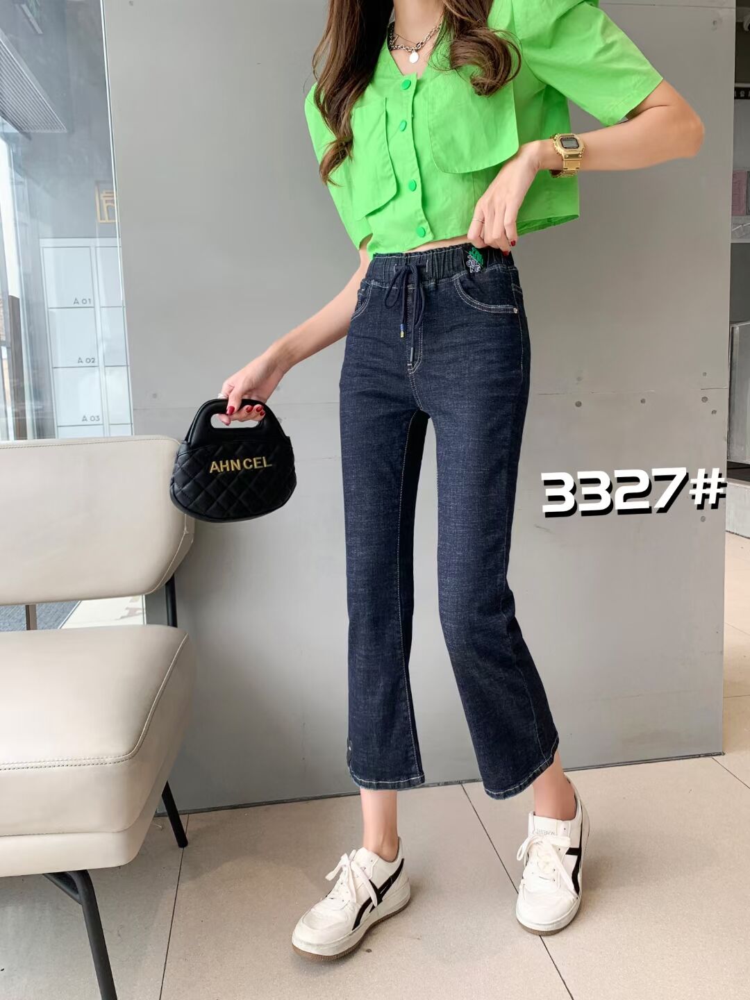 尼迪3327大码弹力牛仔裤九分薄料微喇叭女裤2023夏季新款显瘦显高