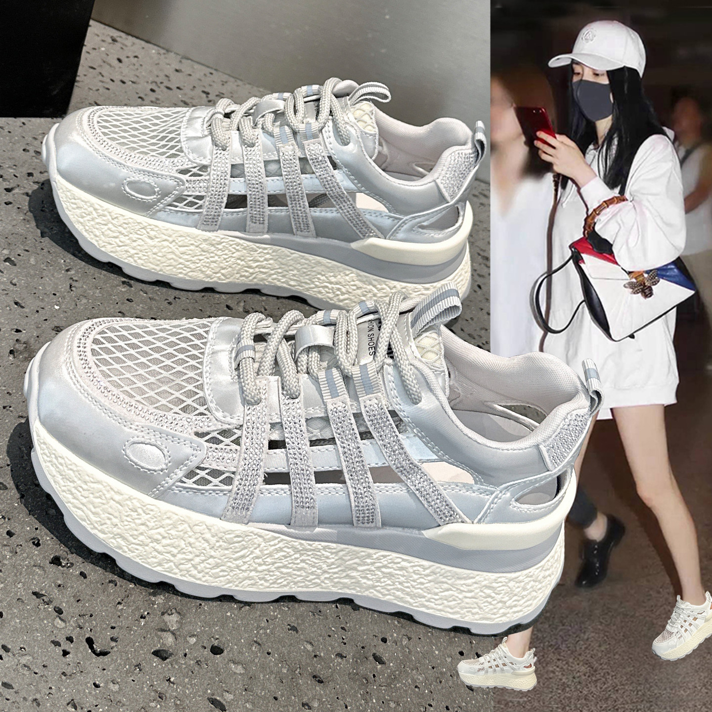 镂空透气包头运动老爹凉鞋女厚底