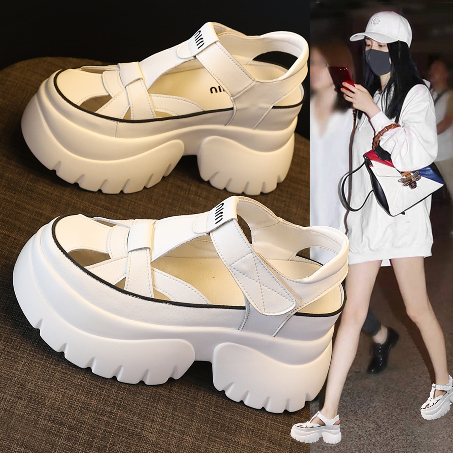 魔术贴包头镂空凉鞋女外穿2026夏季新款爆款厚底内增高坡跟猪笼鞋