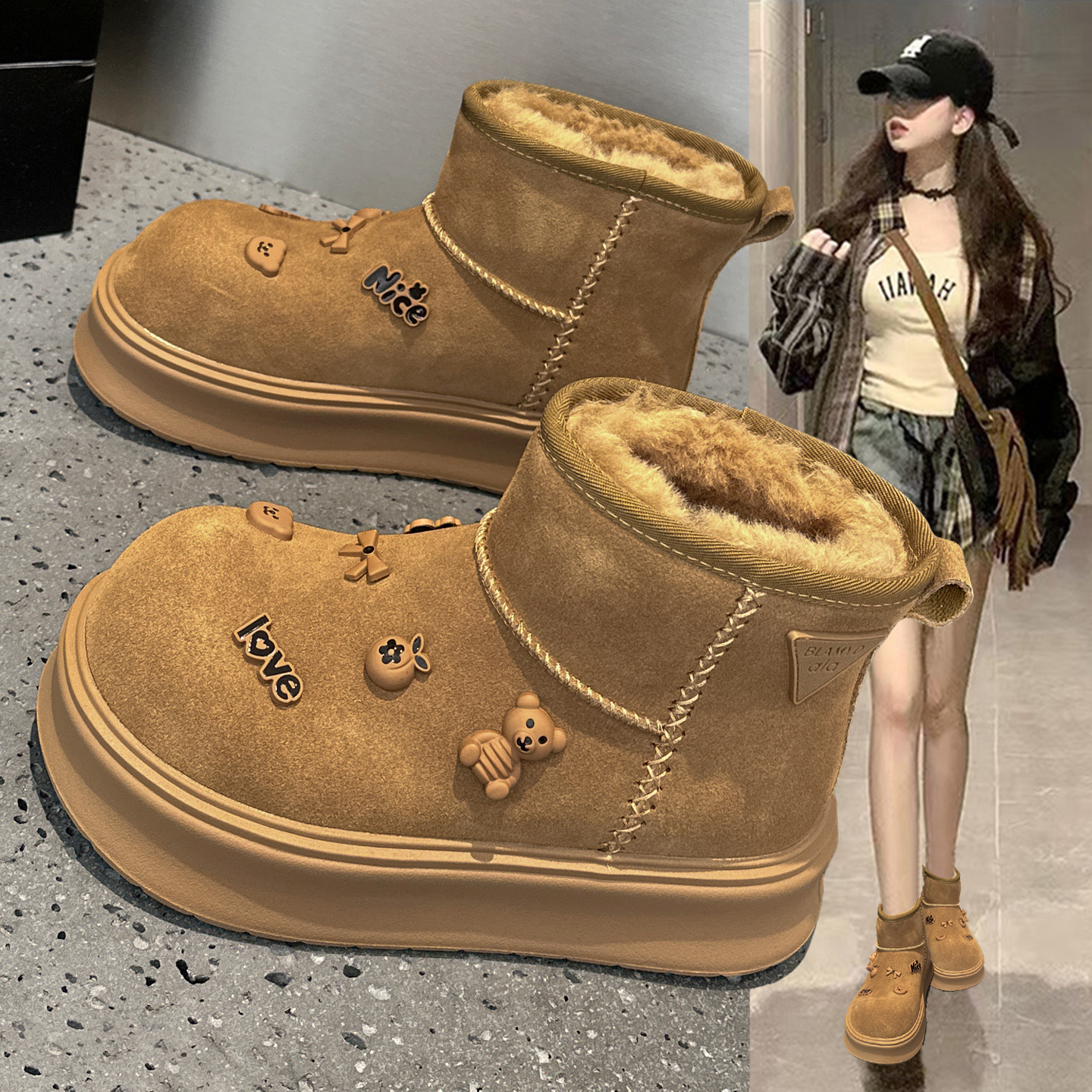 雪地靴加绒加厚厚底大头大棉短靴