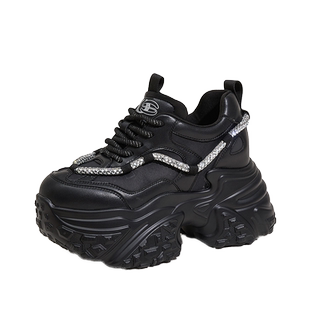 秋季黑色老爹鞋女鞋子2024新款爆款时尚水钻厚底内增高运动休闲鞋