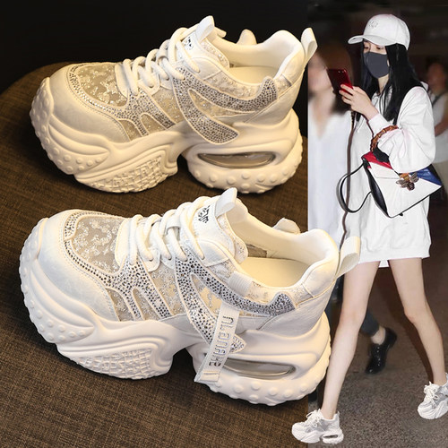 水钻厚底老爹鞋女透气网面休闲鞋