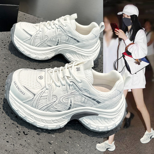 白色厚底老爹鞋女增高透气休闲鞋