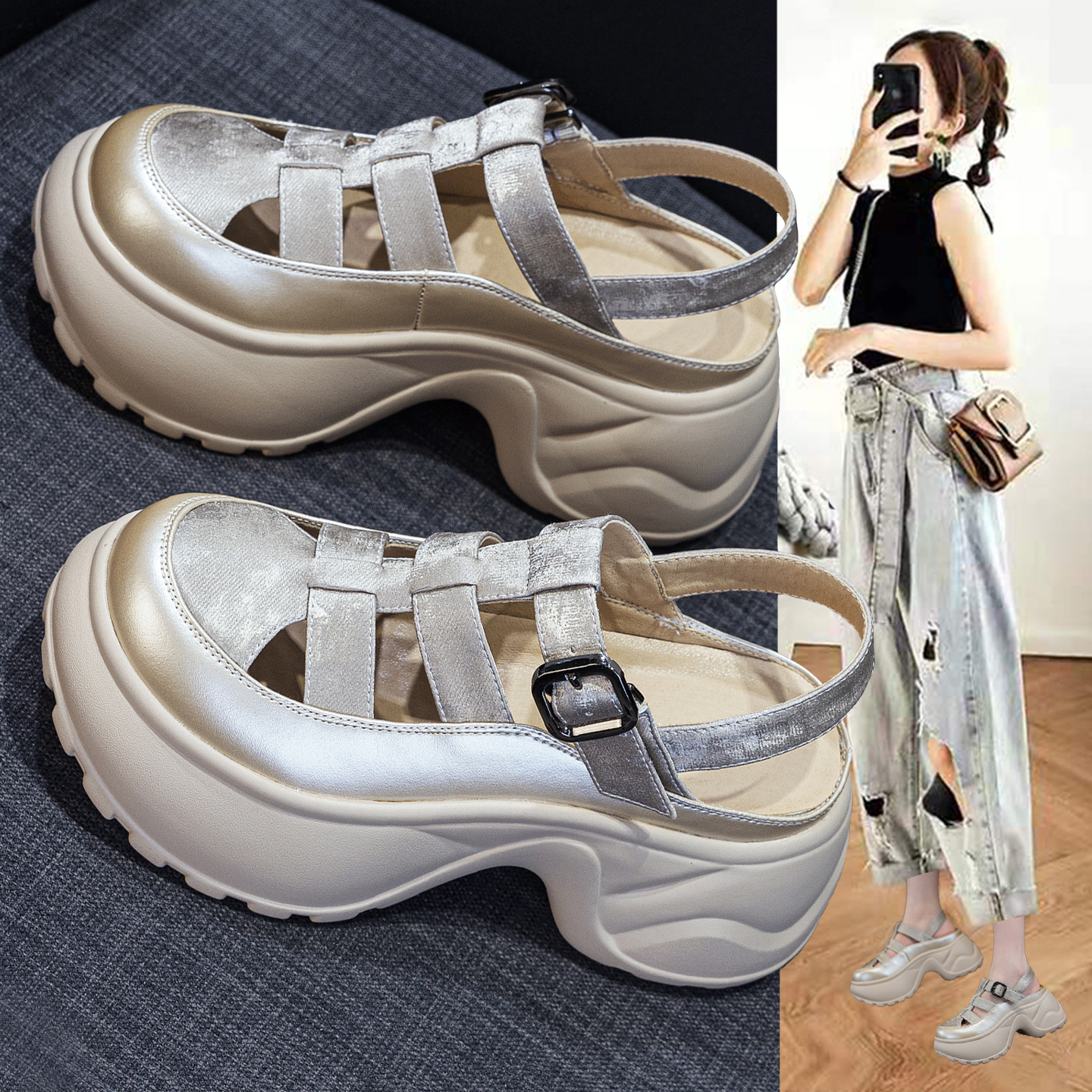 真皮复古包头运动凉鞋女2025年夏季新款时尚高级感厚底增高罗马鞋