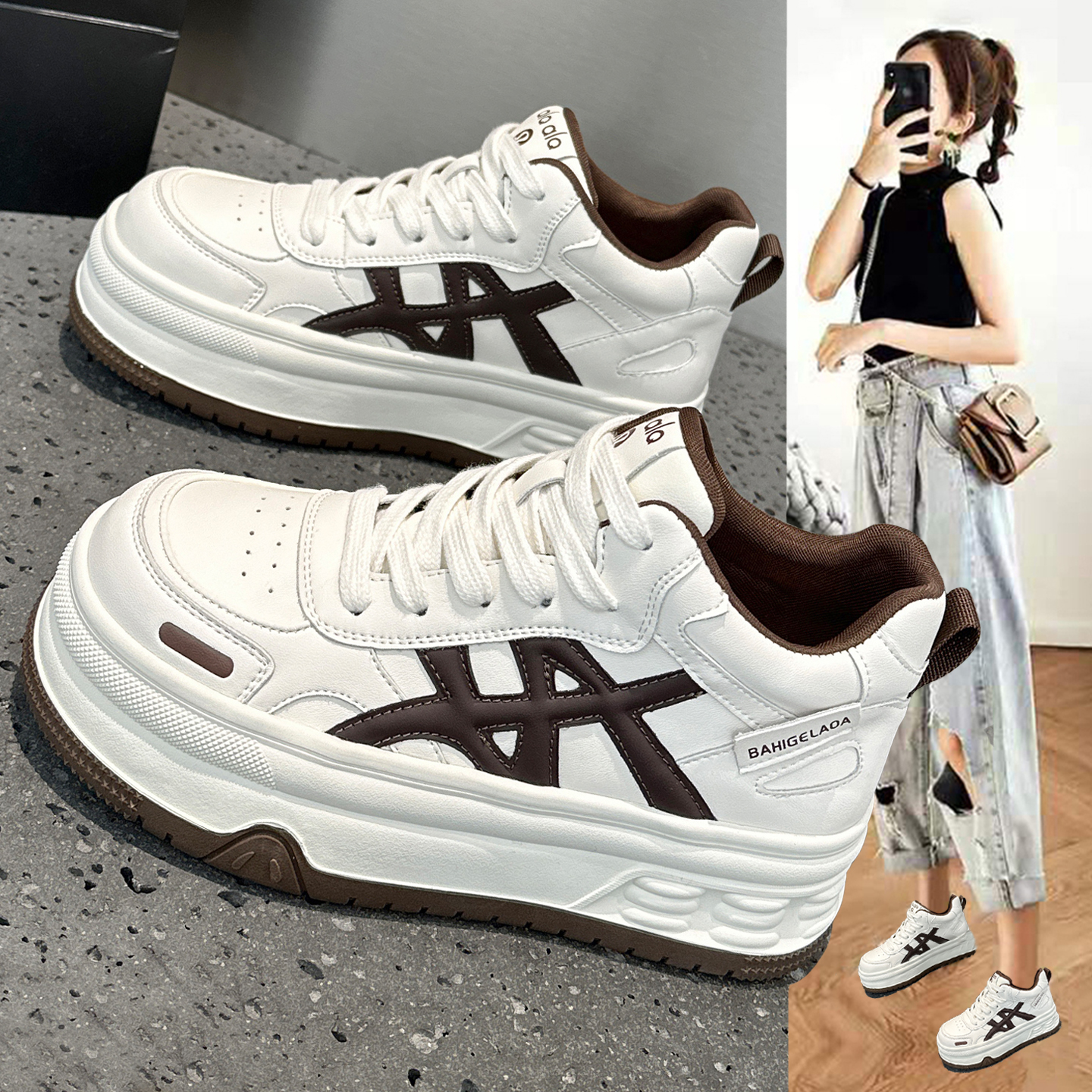 真皮高帮小白鞋女厚底加绒休闲鞋