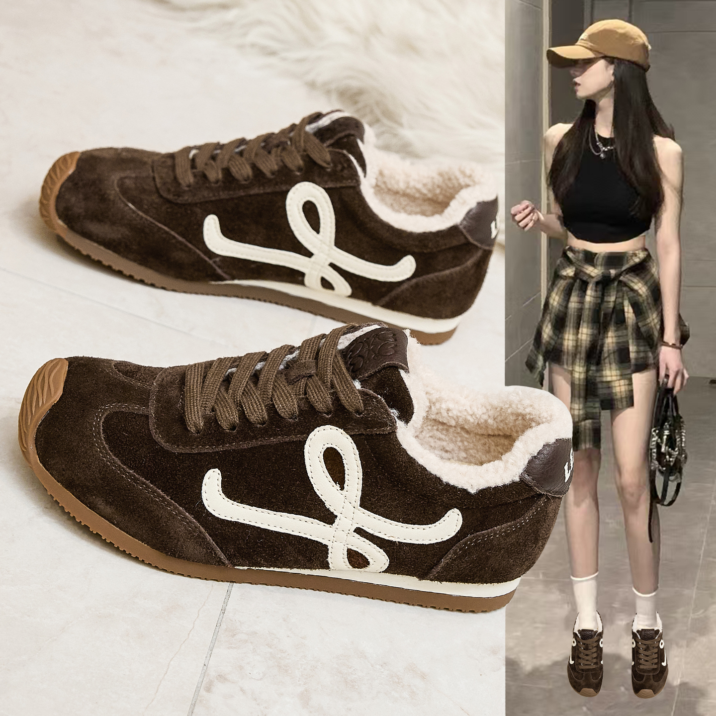 复古真皮加绒德训鞋女软底休闲鞋