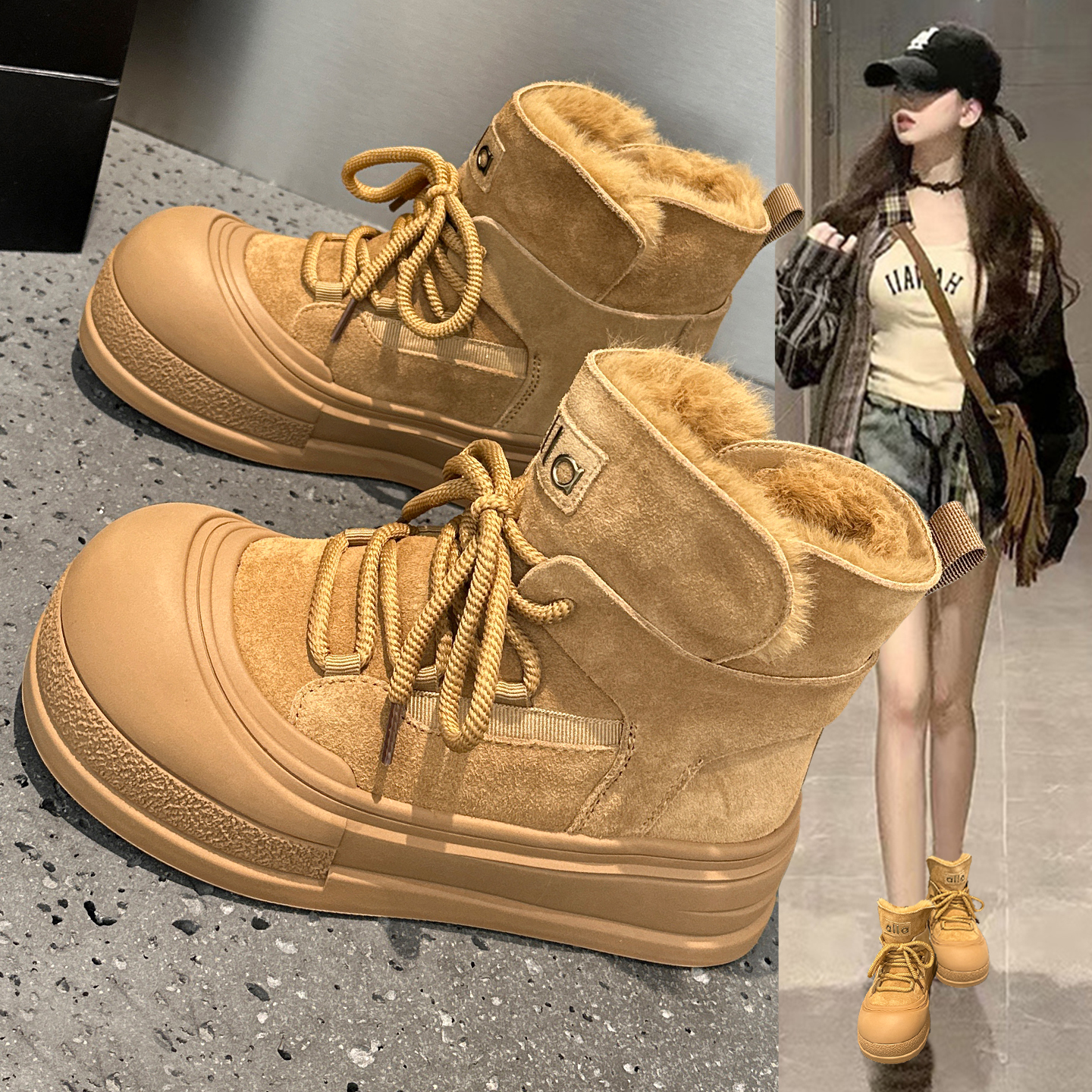 皮毛一体雪地靴女加绒大头马丁靴