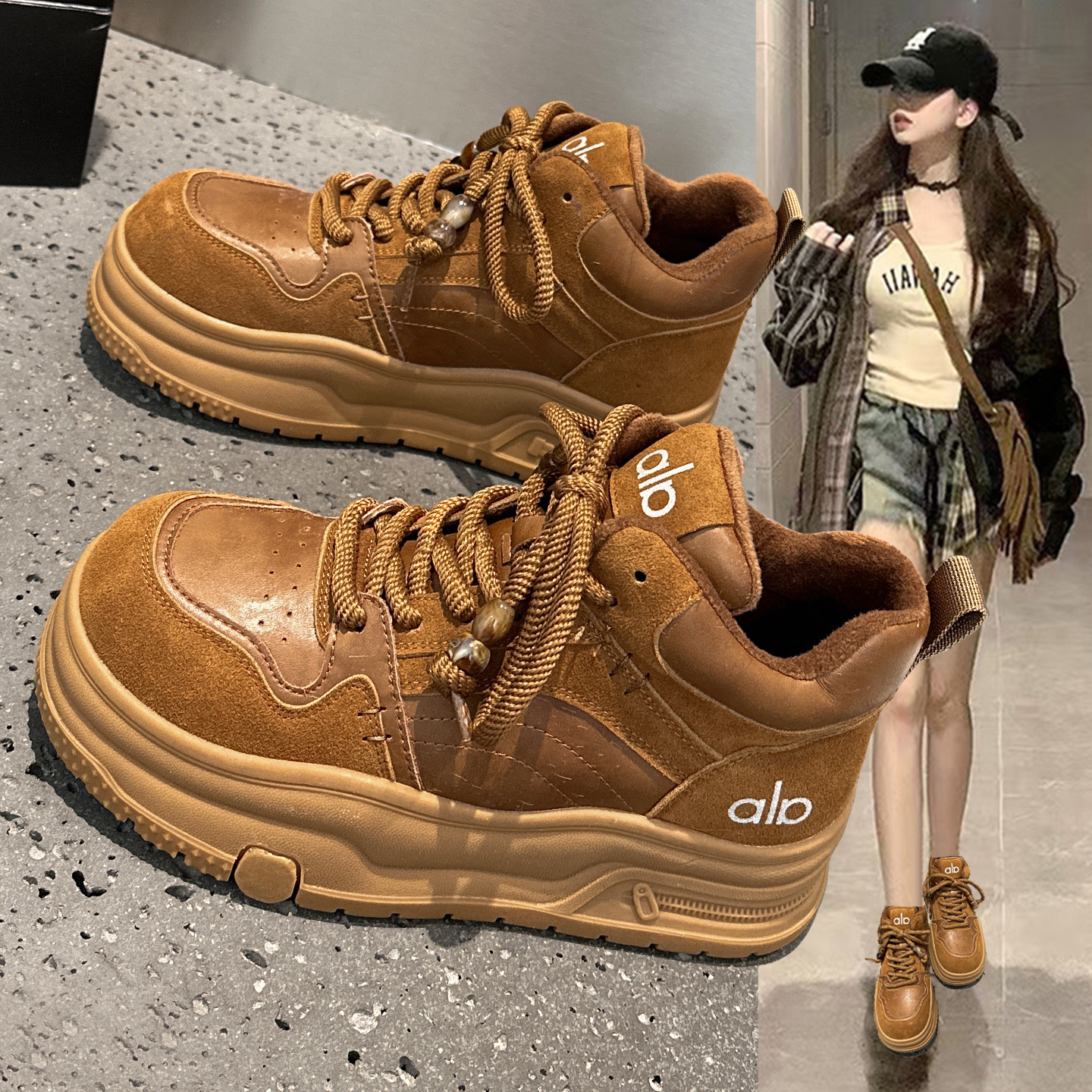 复古真皮高帮棉鞋女加绒厚底板鞋