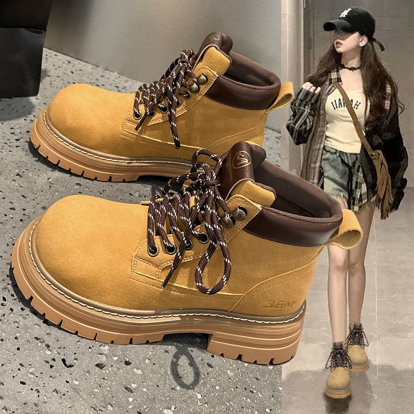 真皮马丁靴女大黄靴户外登山短靴