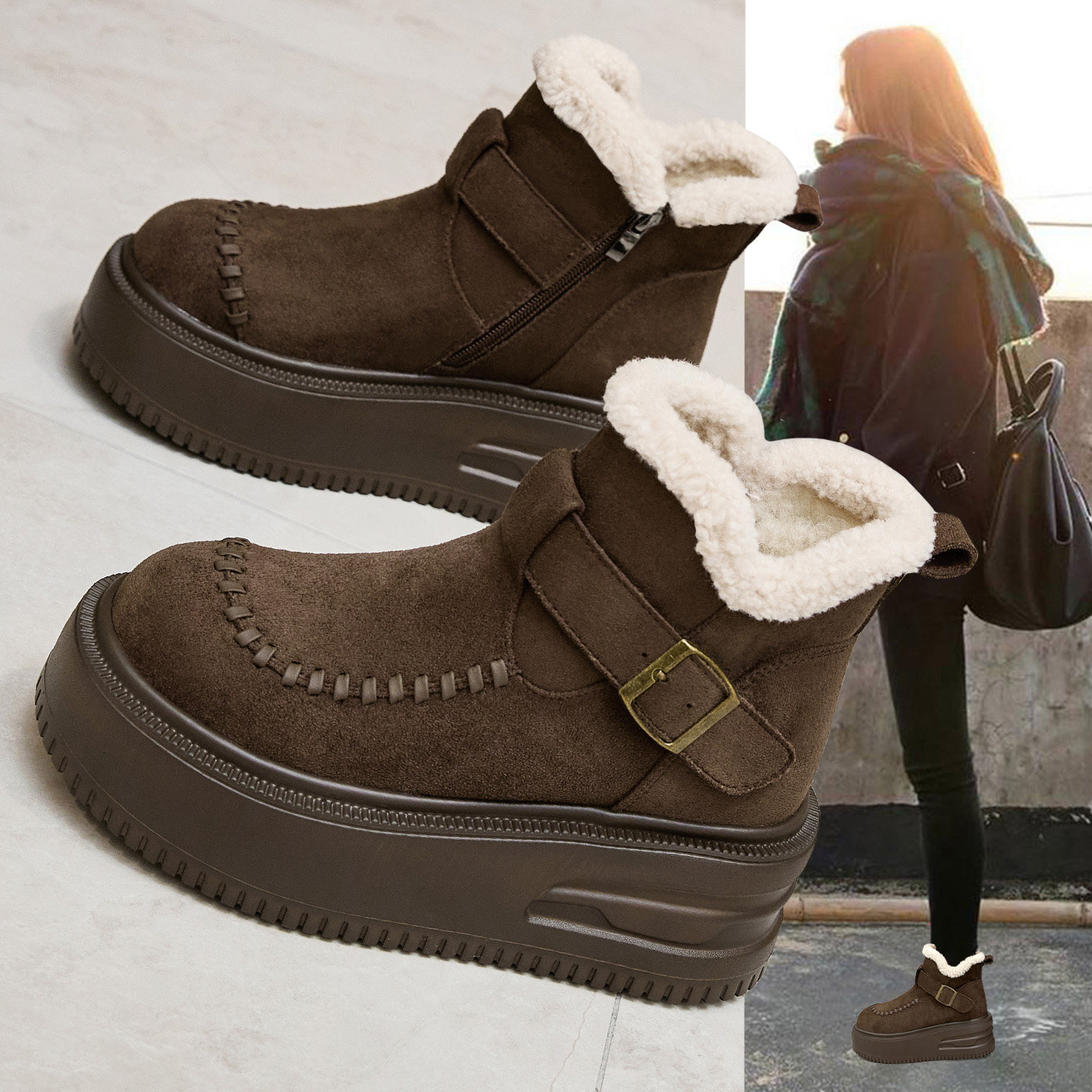 加绒加厚真皮雪地靴女2025冬季新款厚底轻便复古短靴高帮勃肯棉鞋,女鞋,时尚雪地靴,淘宝优惠券,粉丝福利购,淘宝优惠卷