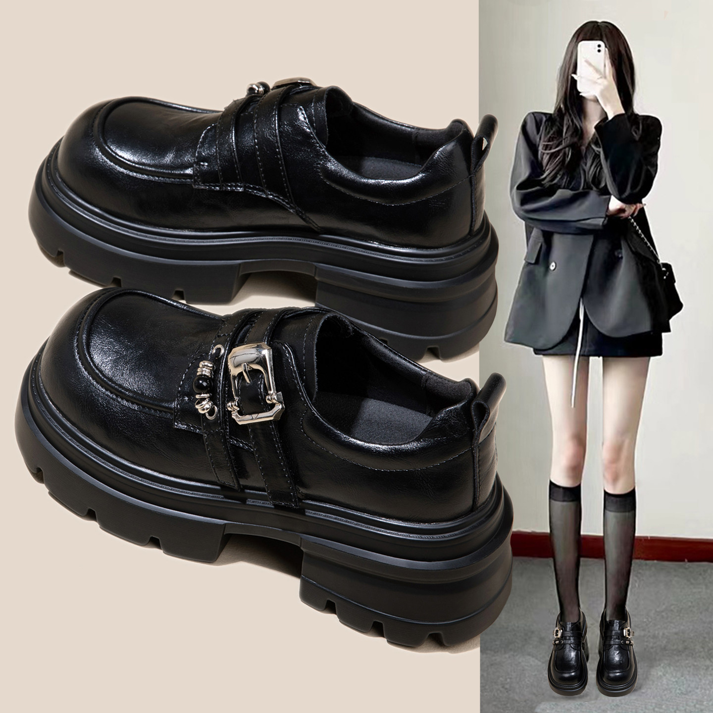 魔术贴轻便乐福鞋女鞋2026春季新款时尚厚底增高英伦风工装小皮鞋