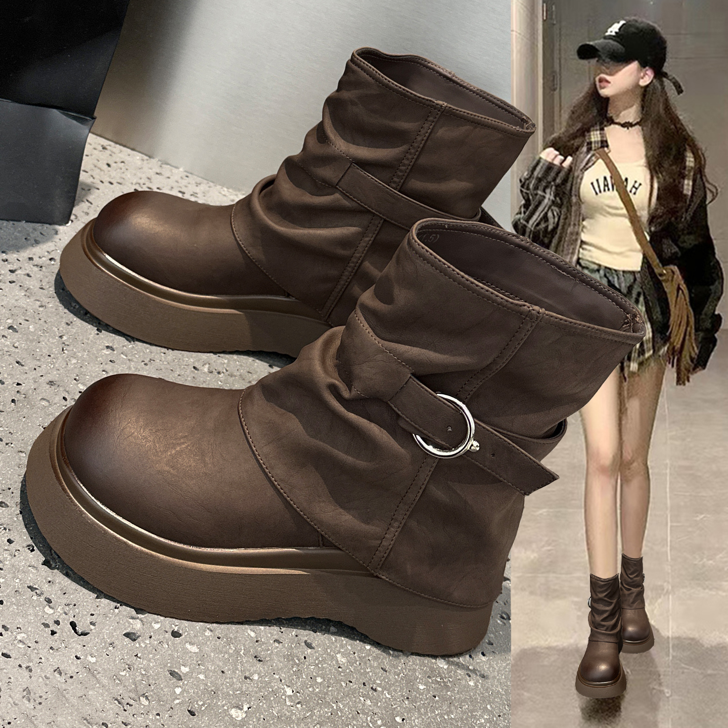 真皮马丁靴女英伦风厚底裤管短靴