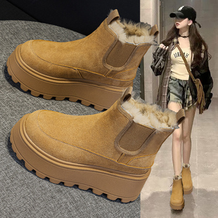 加绒加厚厚底切尔西大黄马丁靴 爆款 皮毛一体雪地靴女2024冬季 新款