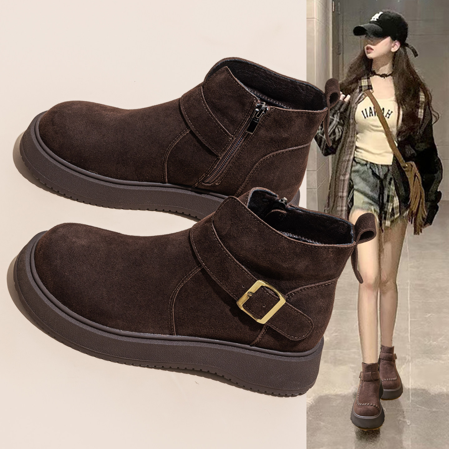 复古真皮加绒马丁靴女款2025秋冬新款时尚软底超火洋气勃肯小短靴