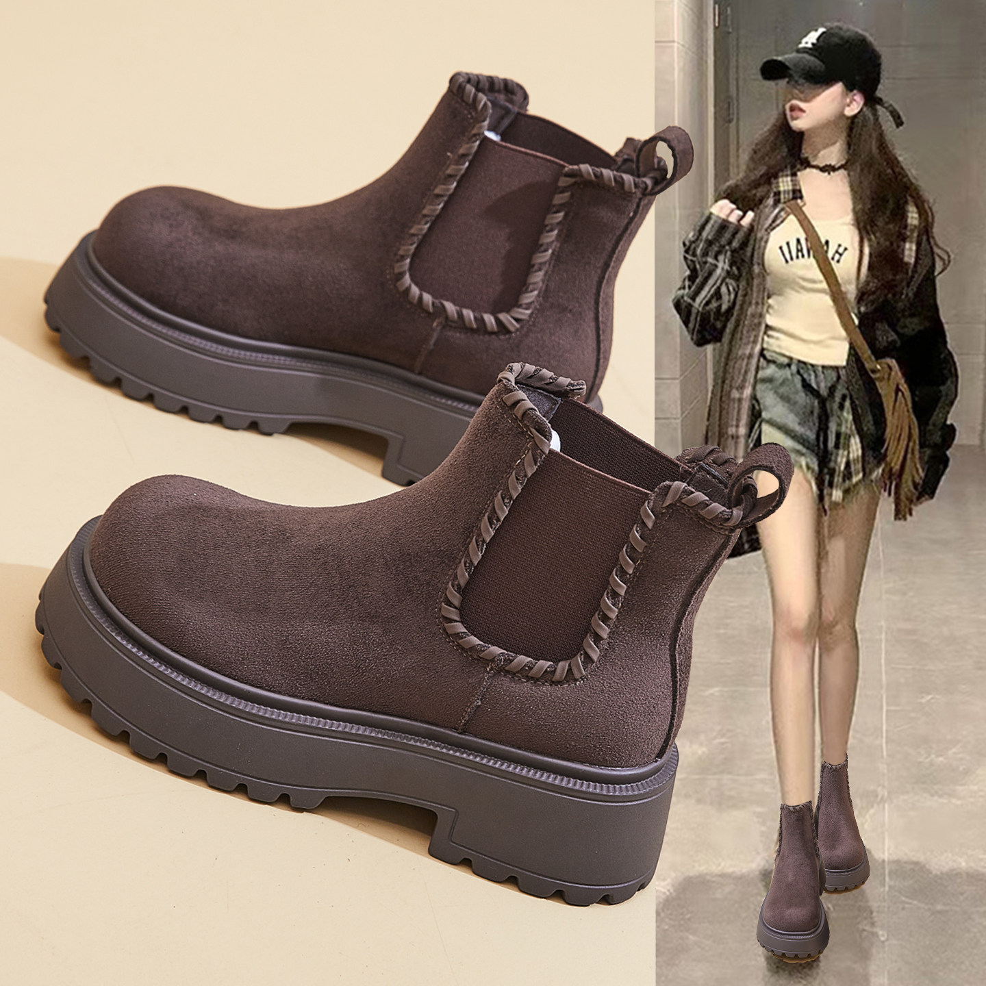 复古真皮加绒厚底马丁靴女2025秋冬新款切尔西短靴时尚瘦瘦工装靴,女鞋,马丁靴,淘宝优惠券,粉丝福利购,淘宝优惠卷