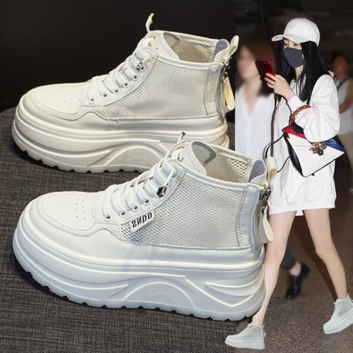 透气网面高帮鞋女超火小白鞋厚底