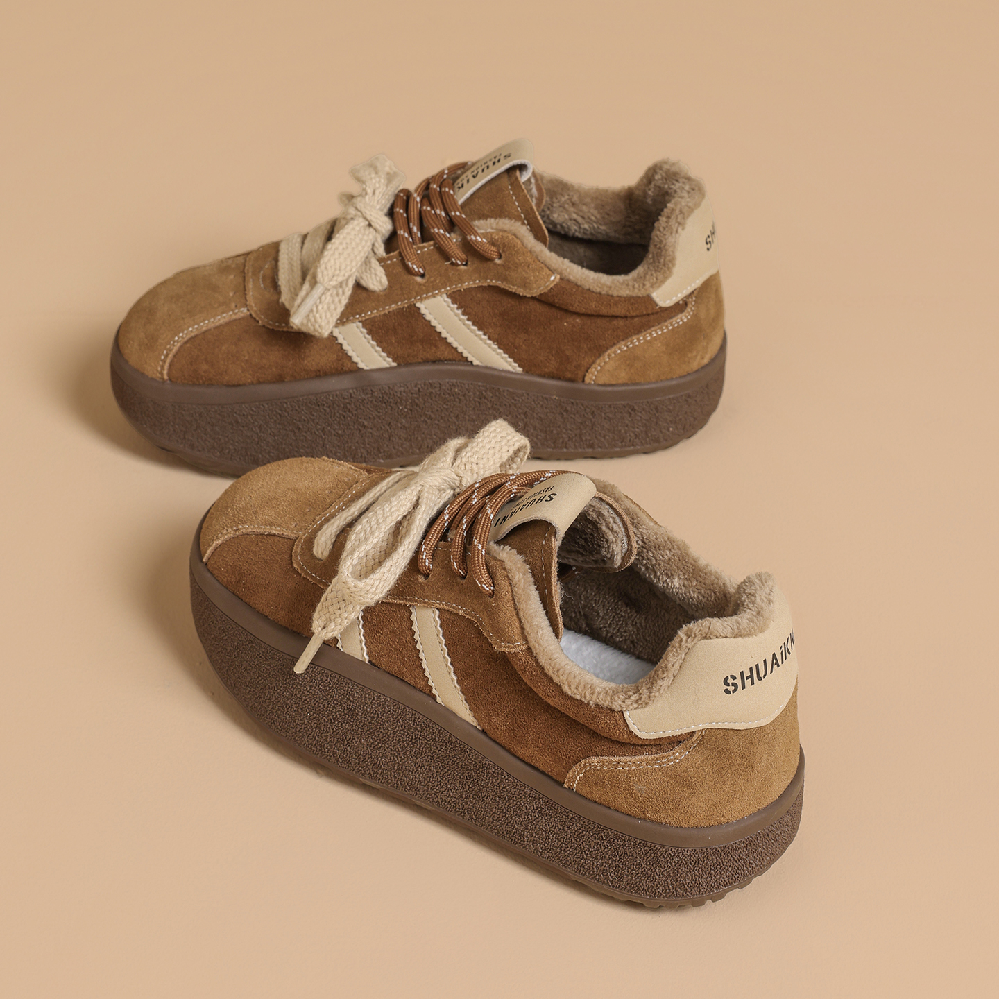 真皮加绒德训鞋女复古厚底阿甘鞋