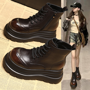 复古真皮内增高马丁靴女2025秋季 高级感厚底松糕8cm加绒短靴 新款