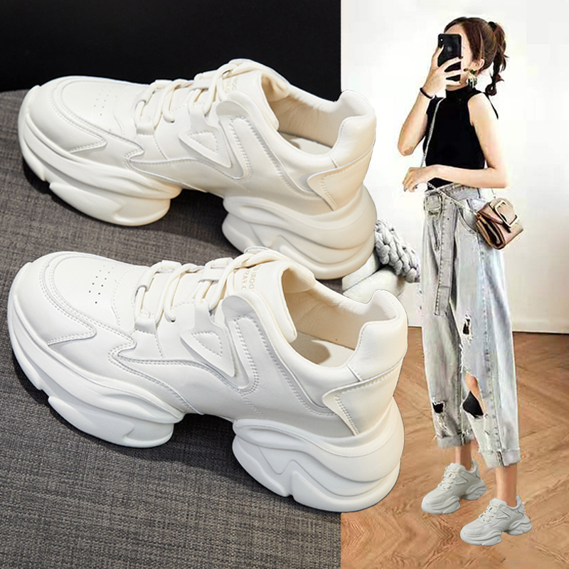 真皮老爹鞋女潮ins2025春季新款爆款百搭厚底轻便休闲运动小白鞋