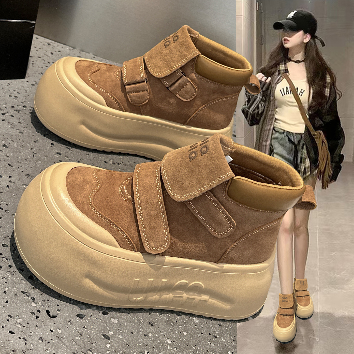 魔术贴真皮高帮鞋女加绒大头棉鞋