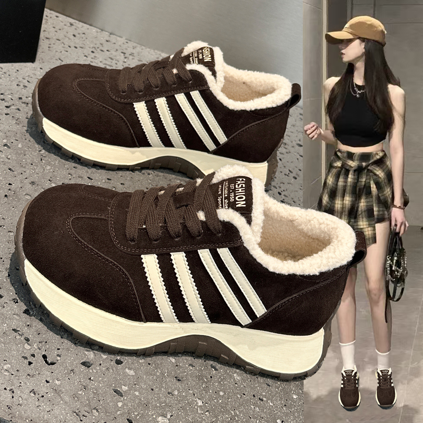 加绒真皮阿甘鞋女保暖毛毛鞋棉鞋