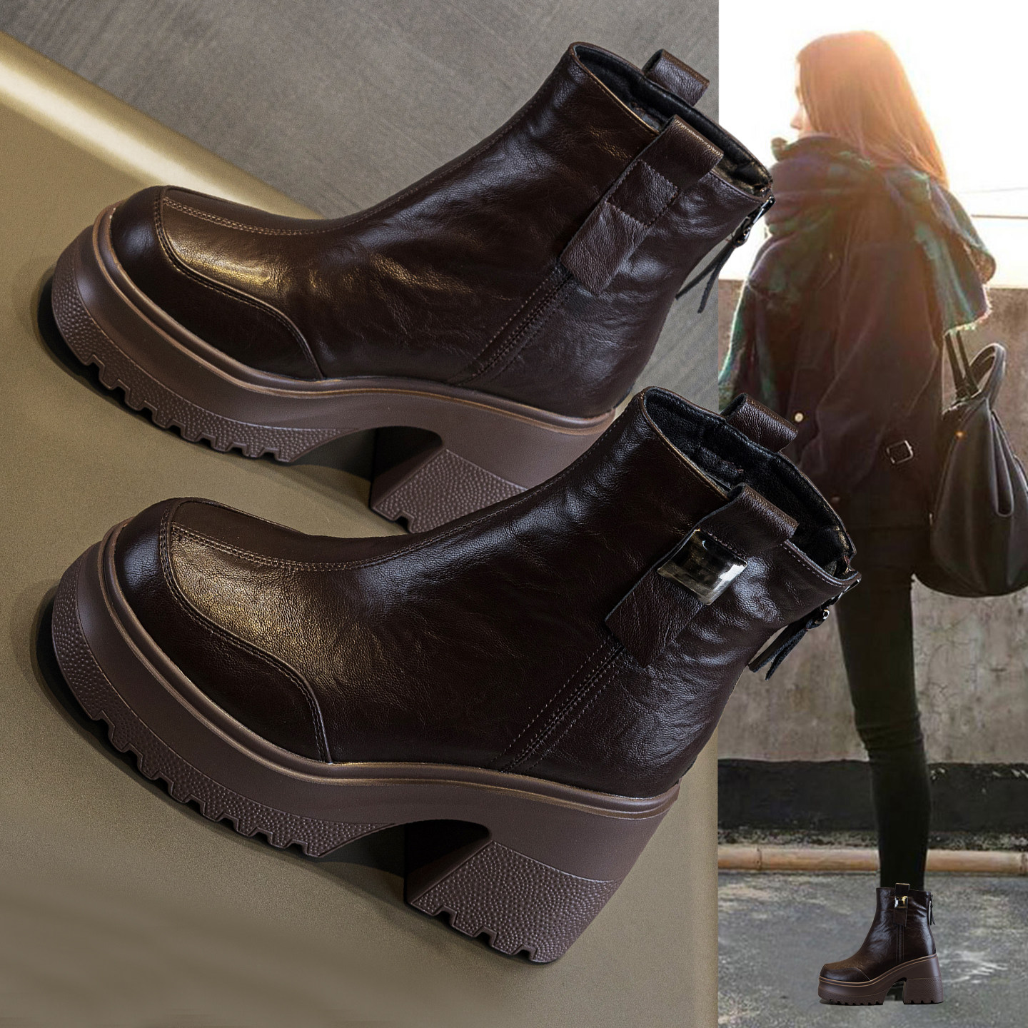 真皮切尔西棕色马丁靴女2025冬季新款加绒厚底坡跟小个子瘦瘦短靴