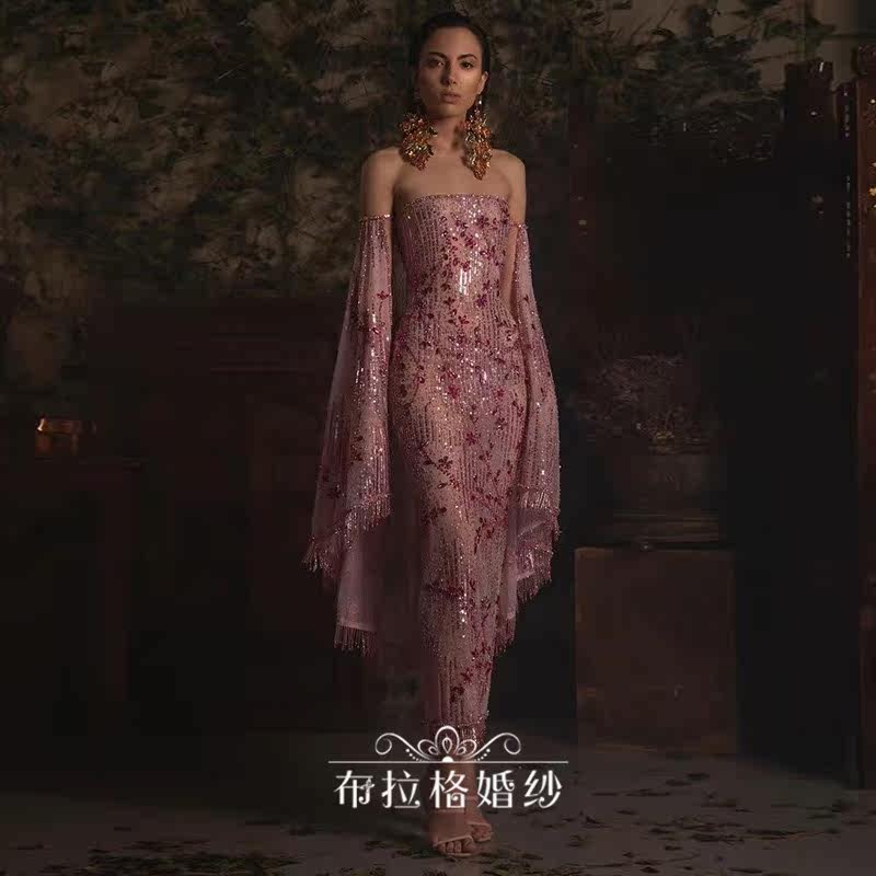 Georges Hobeica2022年高定一字肩性感粉色中长款修身婚礼晚礼服