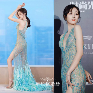 Georges Hobeica明星同款性感绿色修身鱼尾羽毛约会公司年会礼服