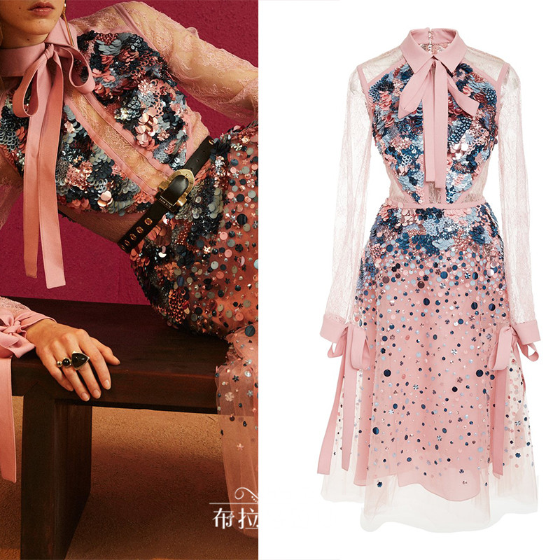 立领中裙钉珠约会复古风小礼服