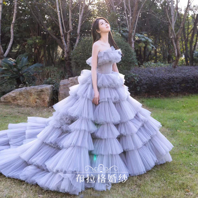 新款时尚抹胸色卡蓬蓬裙明星同款舞台表演高定婚礼约会长款晚礼服