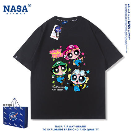 NASA联名飞天小女警超级玛利欧纯棉短袖t恤夏季男女儿童卡通上衣