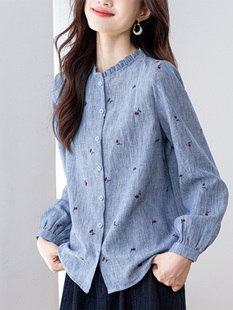 ROUMIKL高级感气质印花长袖衬衫女秋季2025年新款木耳边减龄显瘦