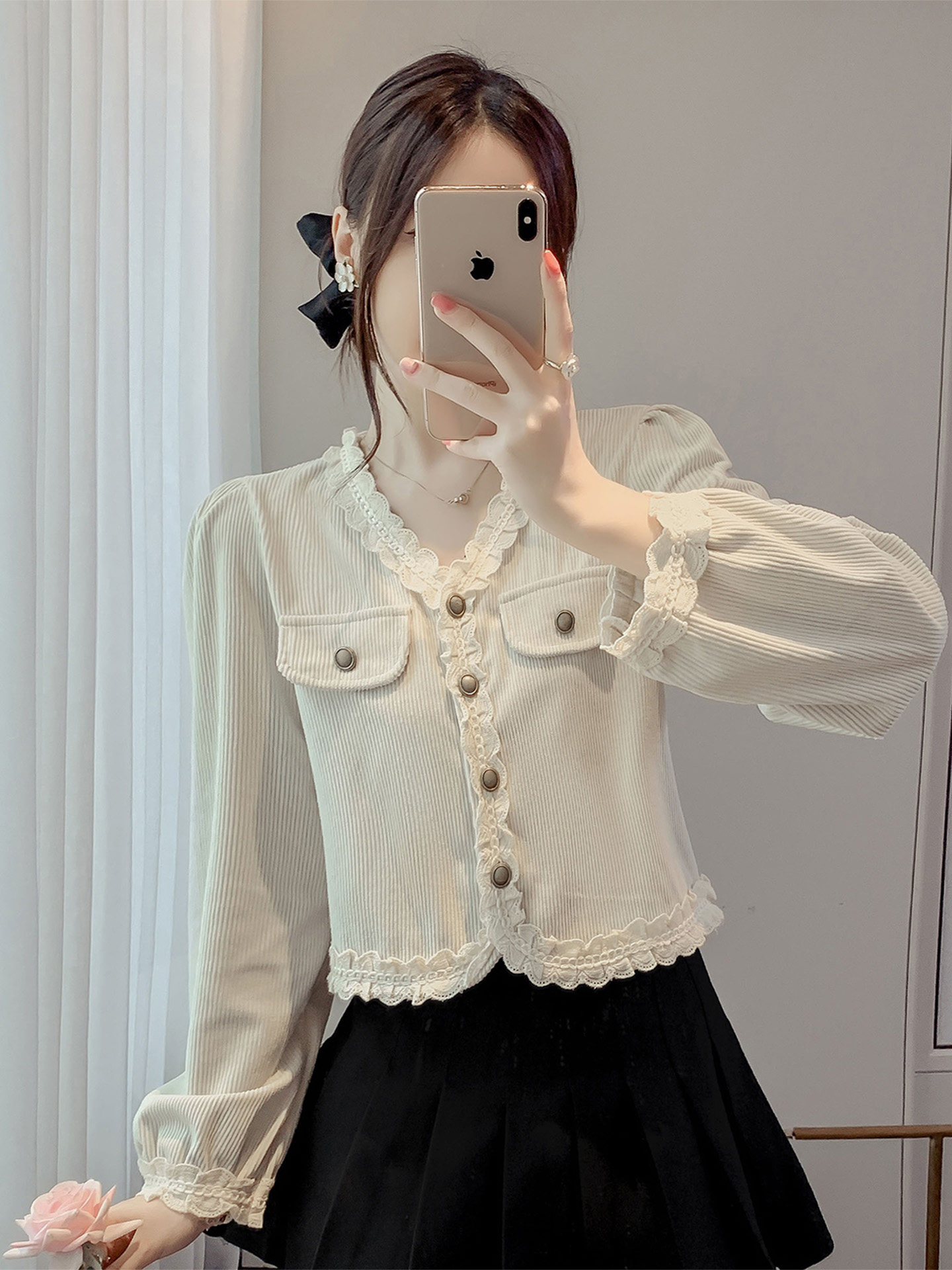 ROUMIKL小香风荷叶边V领长袖衬衫女秋冬2025新款气质小个子减龄短