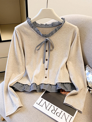 Bowknot Lace Collar Long-Sleeve Knit Base Shirt for Women, Autumn/Winter 2026 New Style, Ruffled Fake Two-Piece Short Top